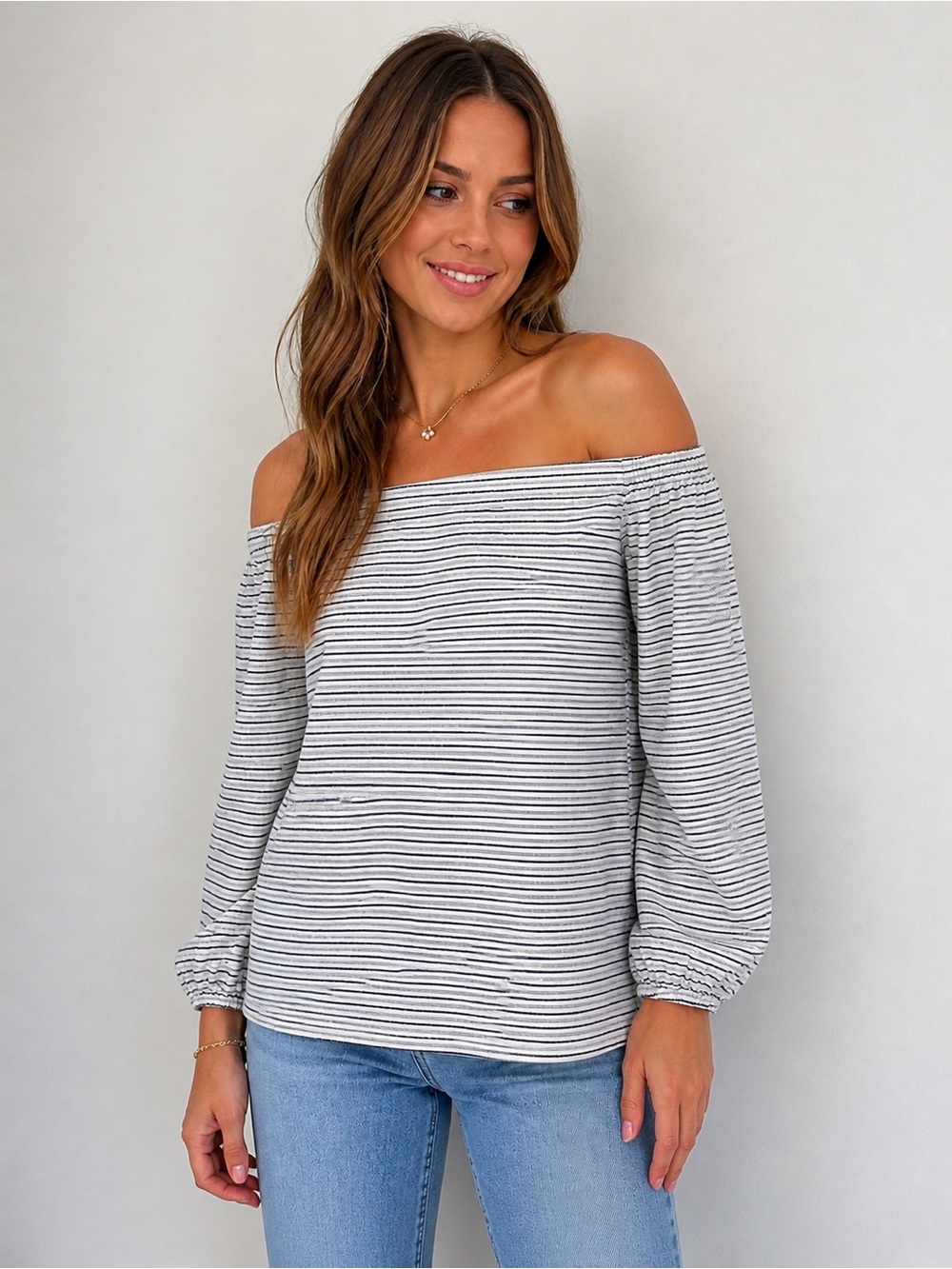 Madewell 100% Cotton Off Shoulder Striped Blouse Blue White Size L